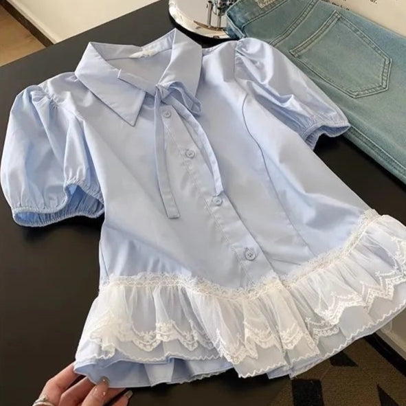 Blauer Puffärmel-Shirt – Bild 6 | LuxeStyle