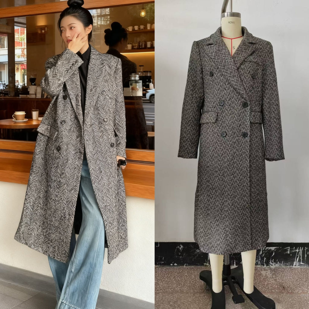 Eleganter Herringbone Wollmantel für Damen