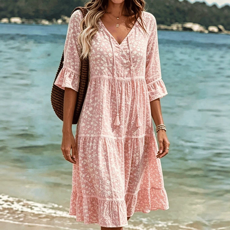 Bedrucktes V-Ausschnitt Midikleid mit 3/4-Ärmeln – Bild 3 | LuxeStyle