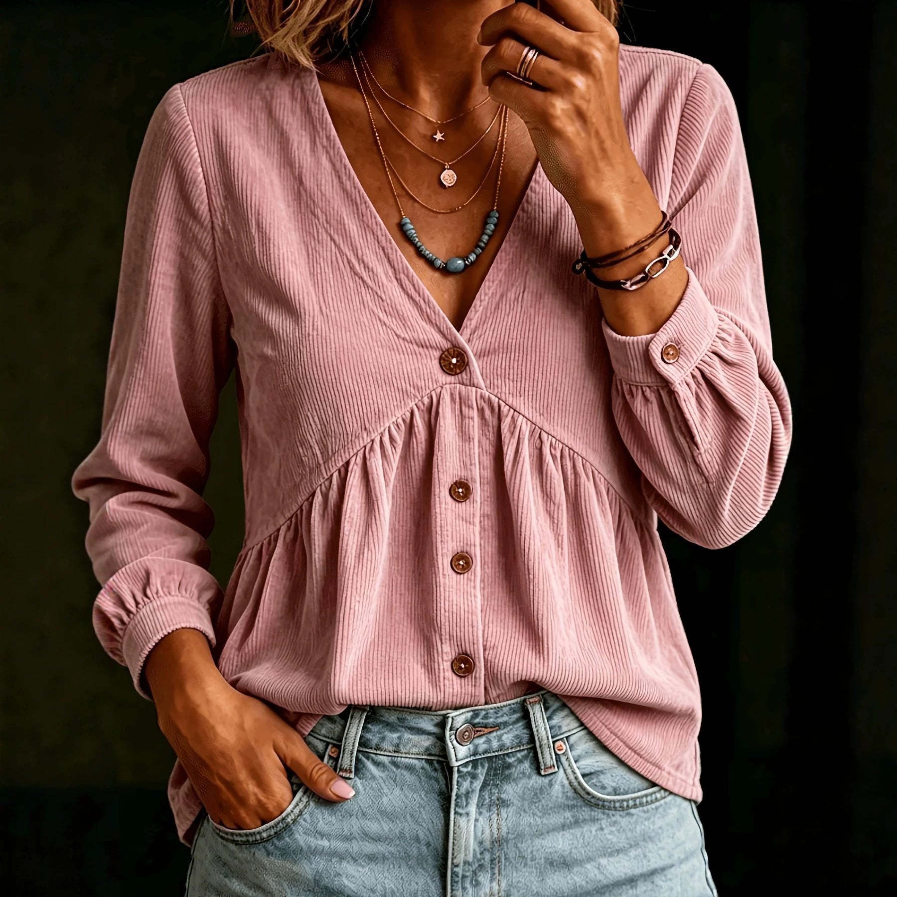 Corduroy V-neck Button-down Shirt