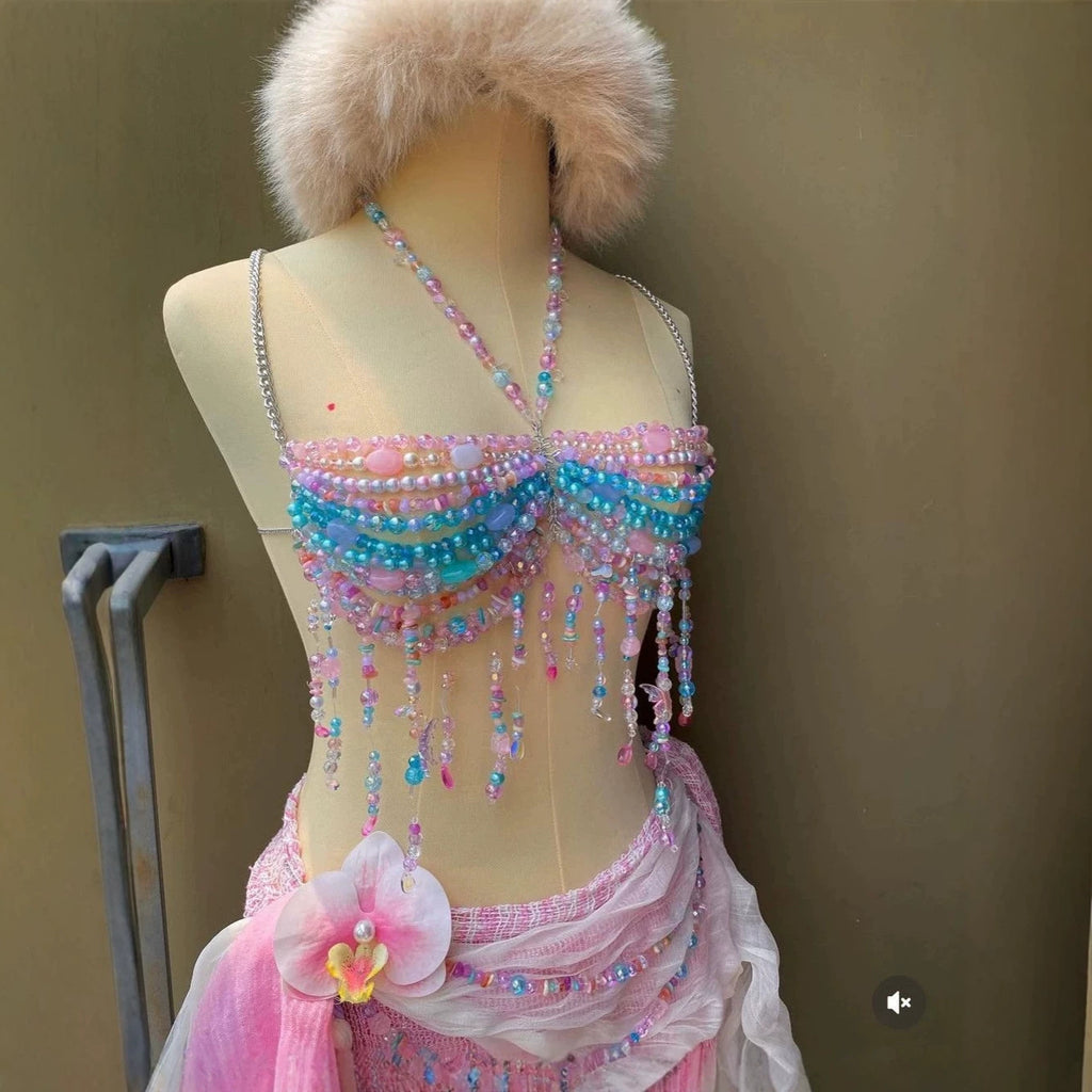 Mehrlagige bunte Perlen-Halskette mit Body Chain – Ansicht 2