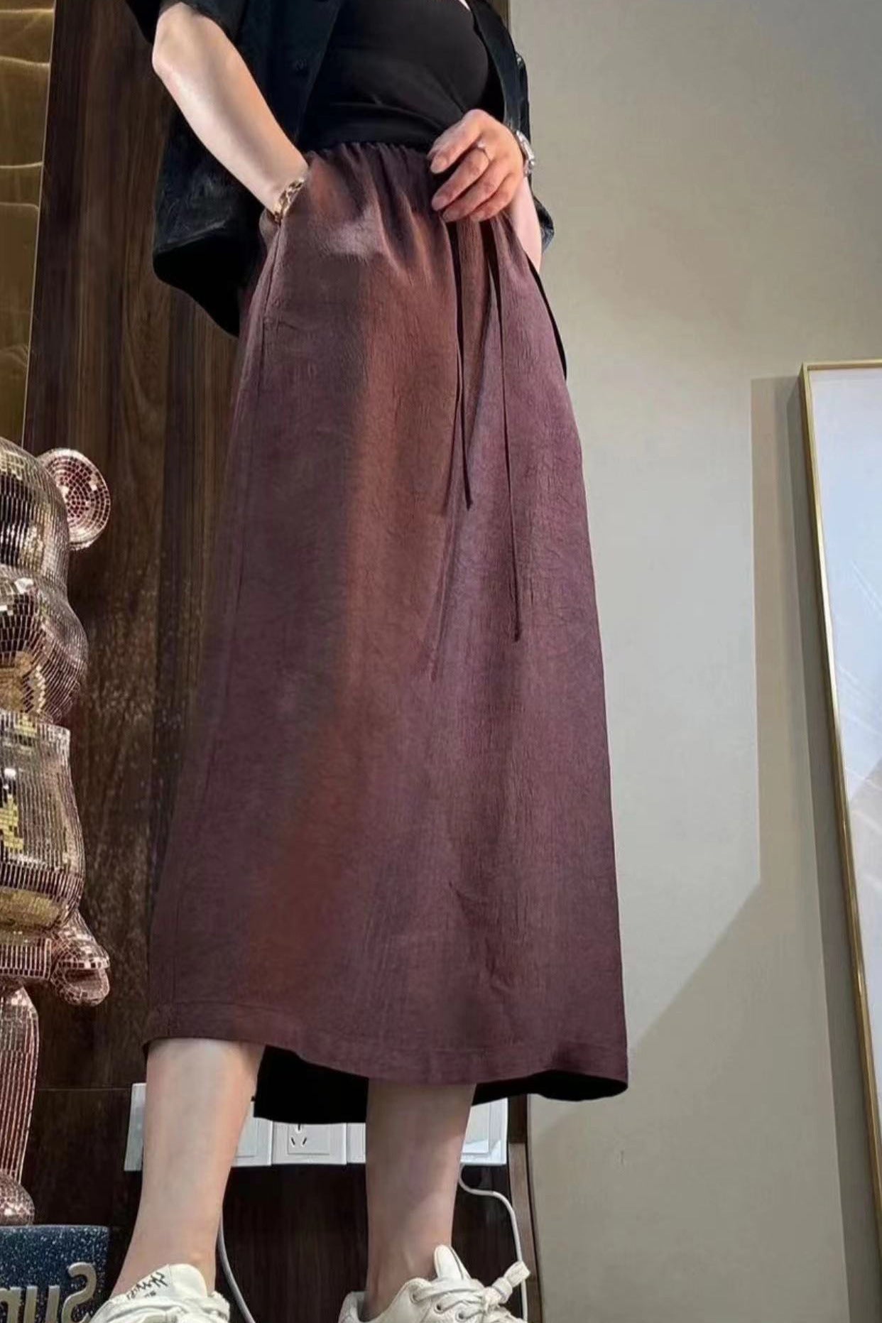 Satin A-Linien Jupe mit Taschen