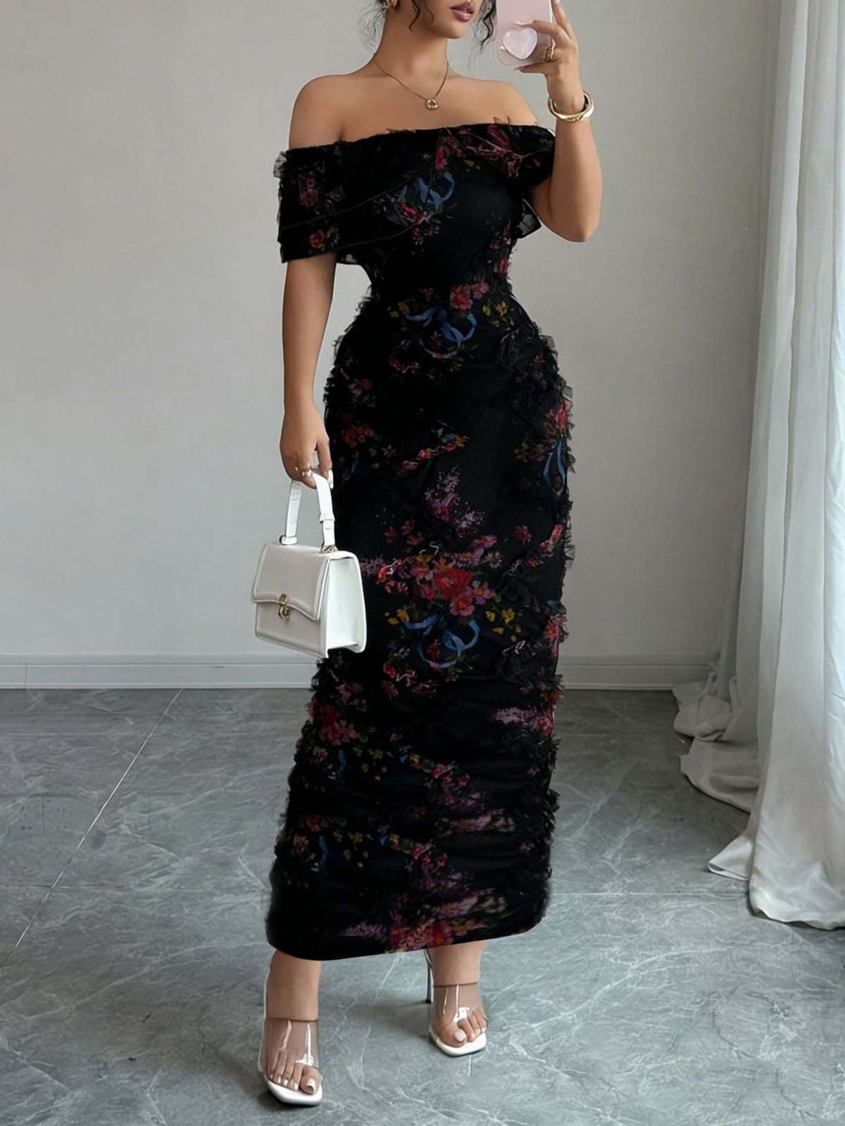 Elegantes Off-Shoulder Strickkleid mit Blumenprint | LuxeStyle