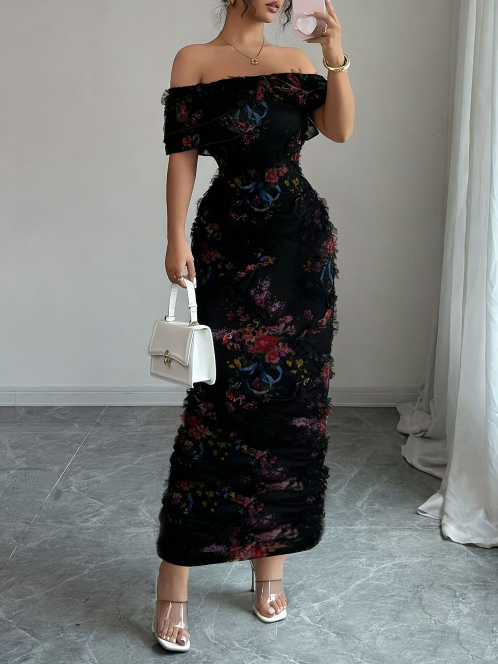 Elegantes Off-Shoulder Strickkleid mit Blumenprint – Bild 7 | LuxeStyle