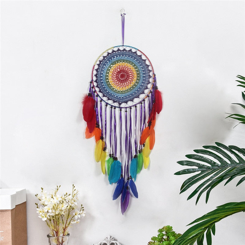 Regenbogen Traumfänger mit Federn, 35cm