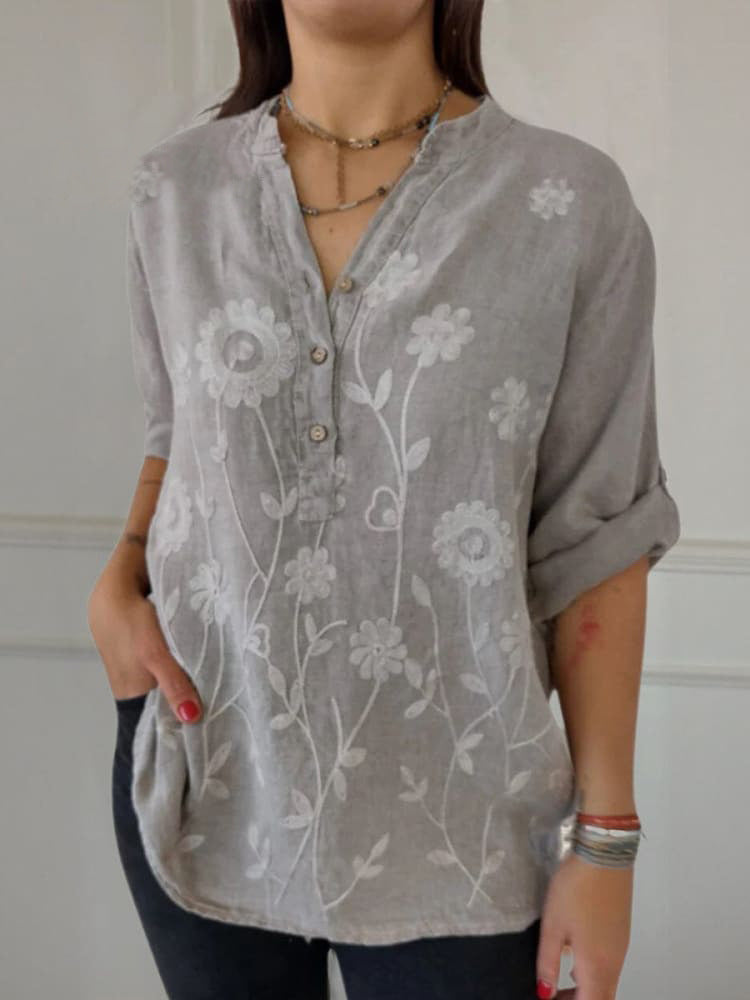 Damen Langarmshirt mit V-Ausschnitt und Stickerei – Bild 7 | LuxeStyle