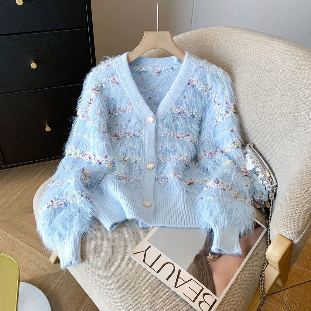 Mink-Samt Strickpullover-Mantel mit Quasten