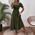 Quadratische Ausschnitt Taille-geknöpft Elegante Kurzarm-Dress