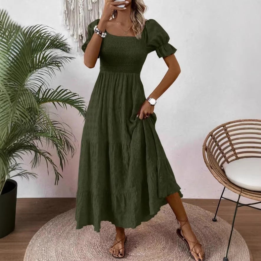 Quadratische Ausschnitt Taille-geknöpft Elegante Kurzarm-Dress