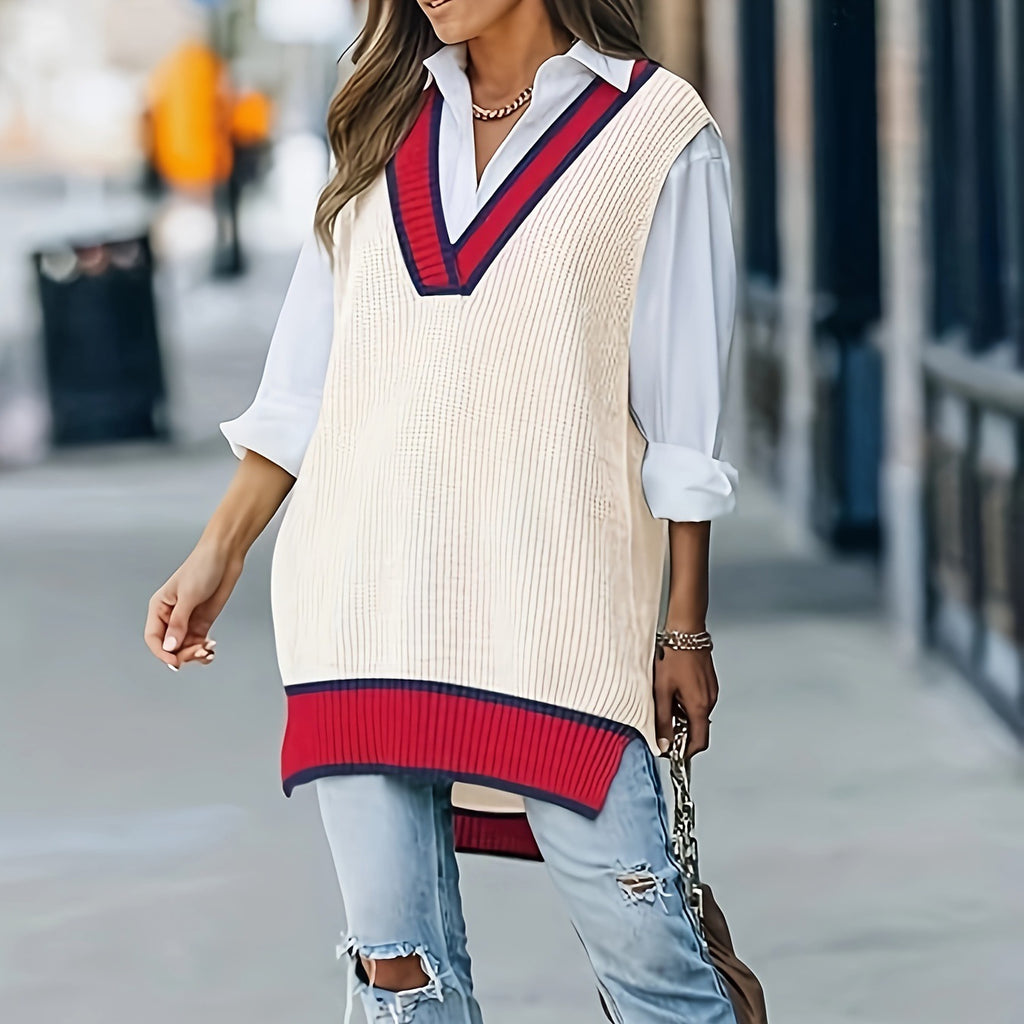 Color-Block V-Neck Strickweste für Damen