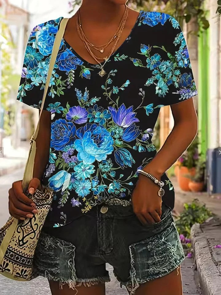 V-Neck T-Shirt mit Blumenprint