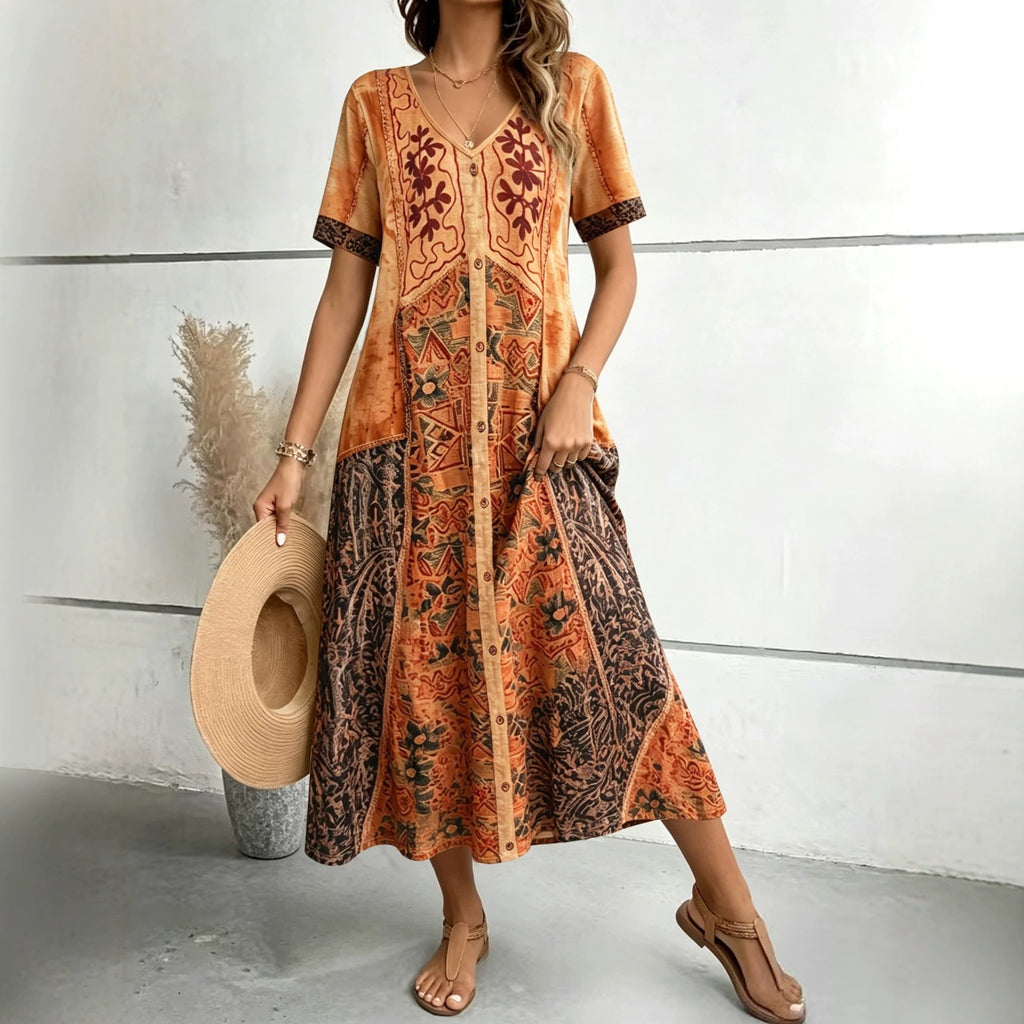 Boho-Kleid mit V-Ausschnitt und Patchwork-Muster – Bild 7 | LuxeStyle
