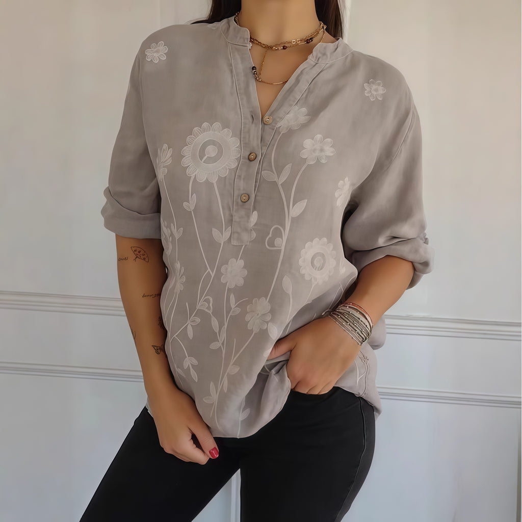 Damen Langarmshirt mit V-Ausschnitt und Stickerei – Bild 5 | LuxeStyle
