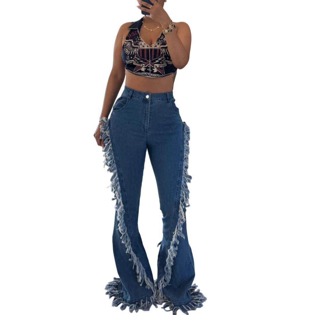 Stretch-Flare-Jeans mit Fransen