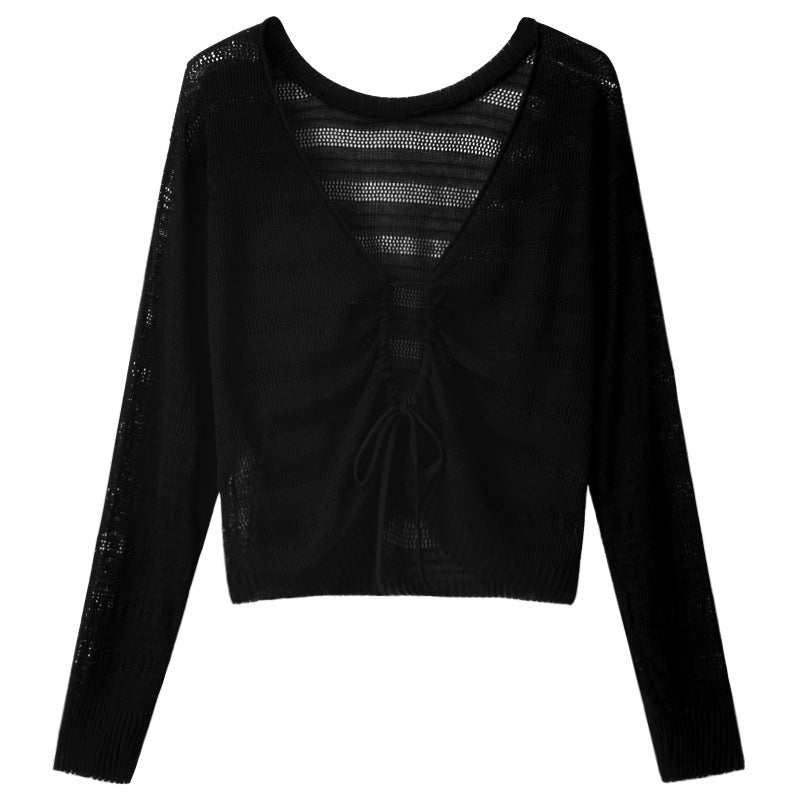 Strick-Cardigan mit Lochmuster und Kordelzug