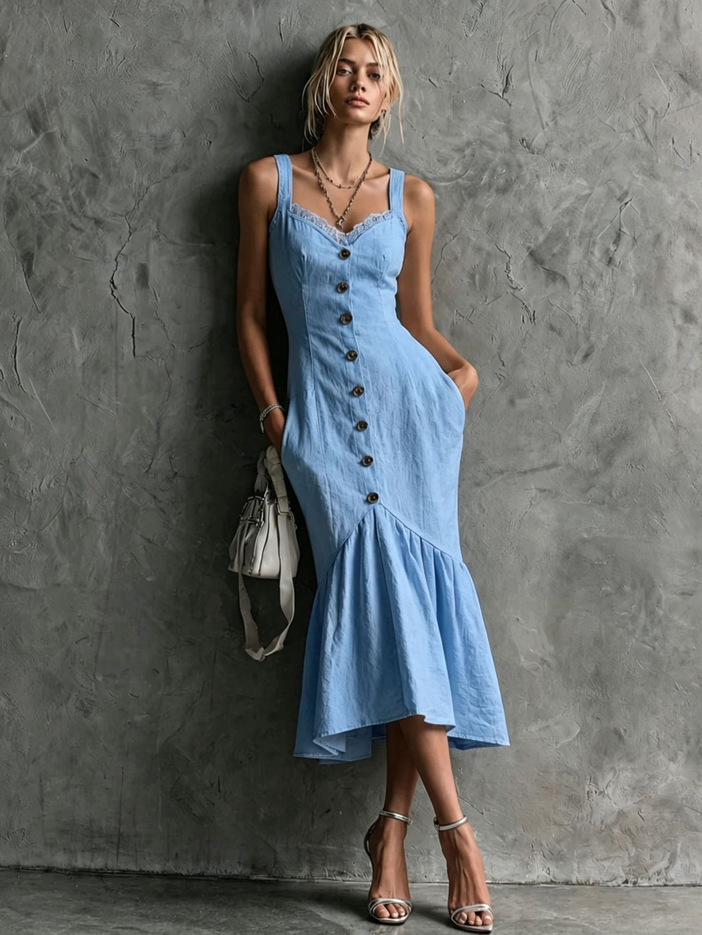 Langes Fishtail-Kleid mit Spitze und Knopfleiste – Bild 6 | LuxeStyle