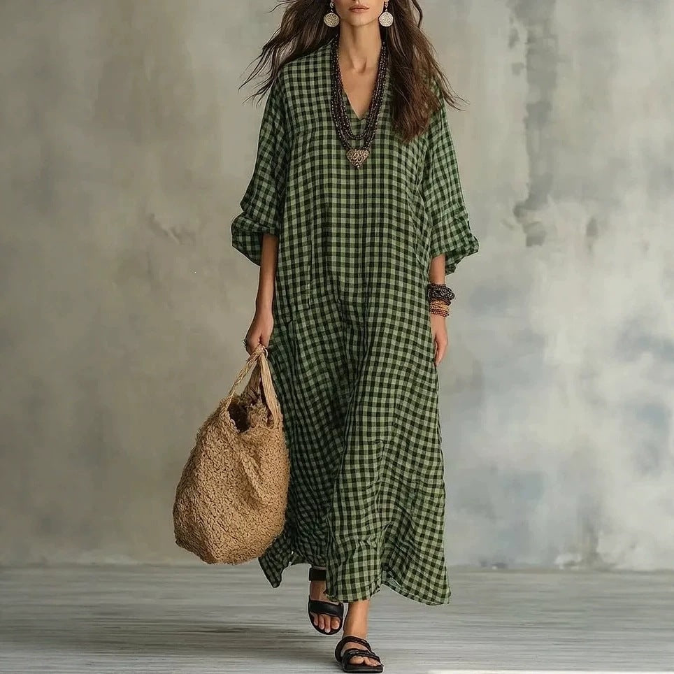 Retro Karo Leinenkleid für Damen