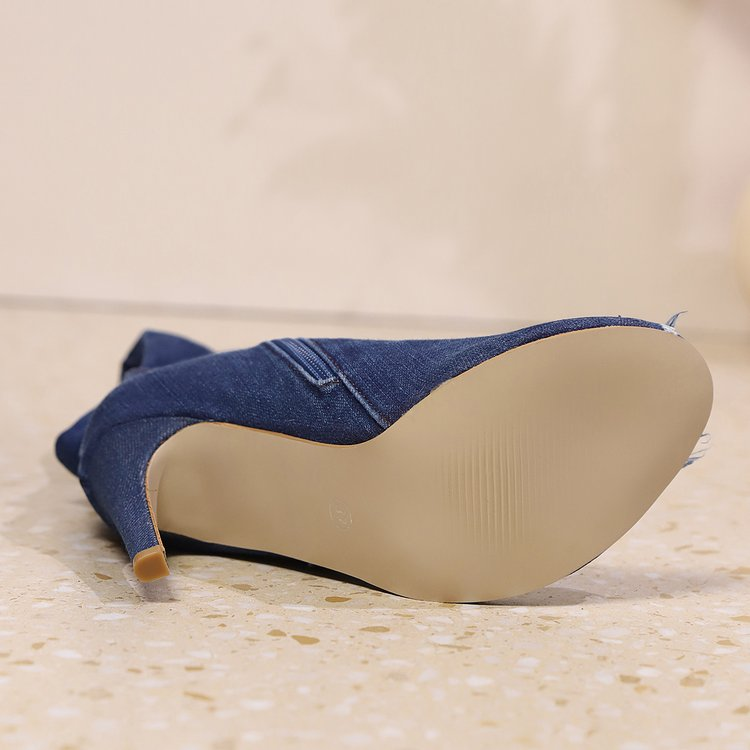 Overknee Peep Toe Stiletto-Stiefel aus Denim