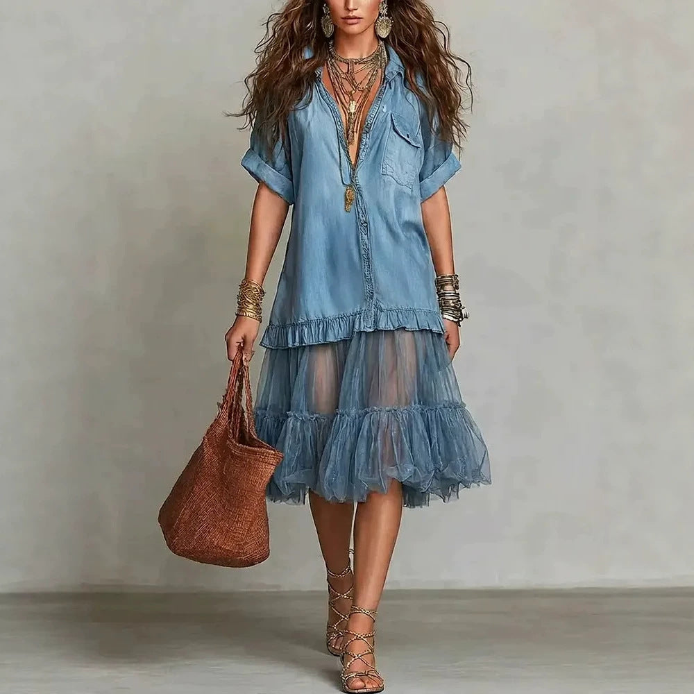 Boho Patchwork Tüll Maxikleid im Jeans-Look – Bild 4 | LuxeStyle