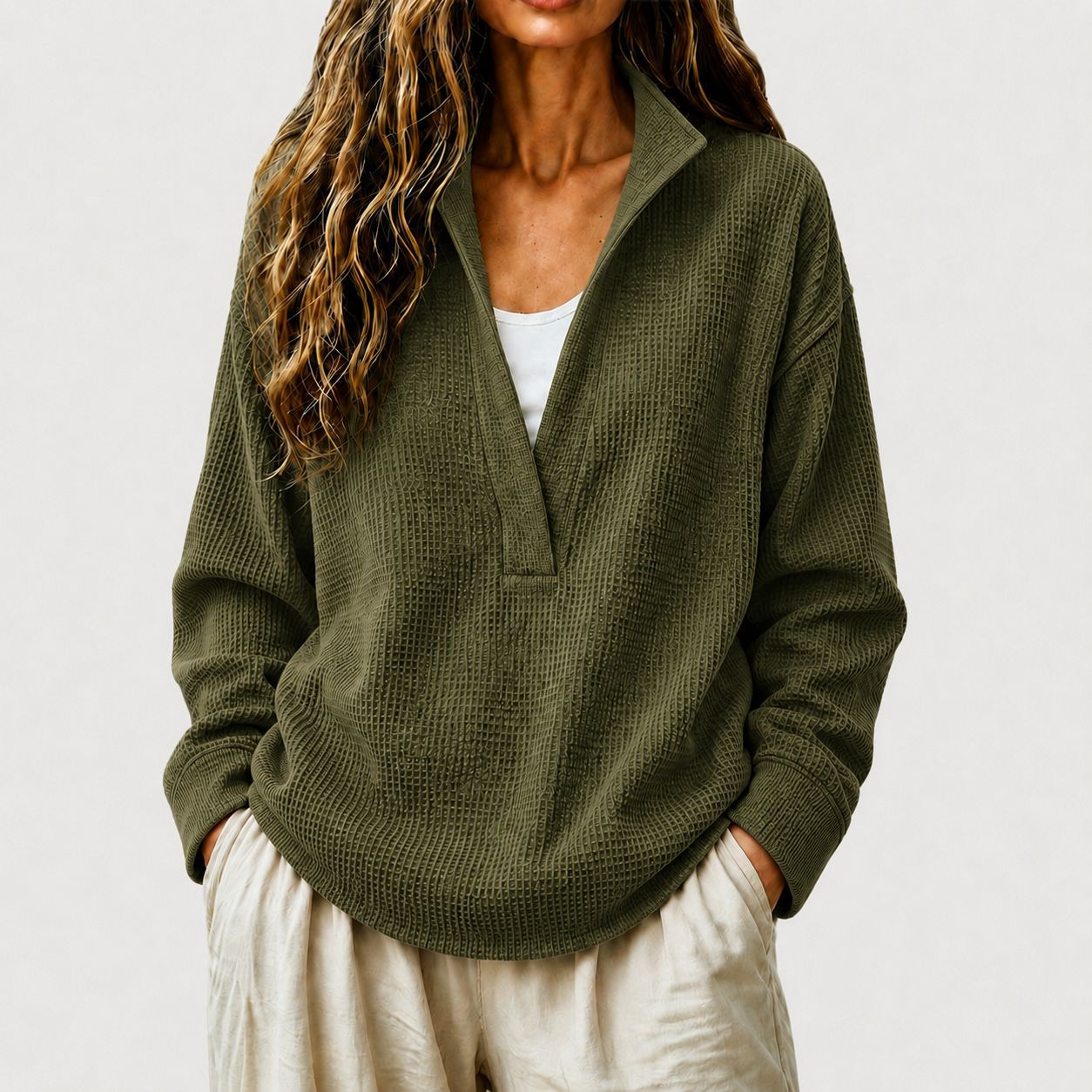 Waffelstrick V-Ausschnitt Langarm-Sweatshirt