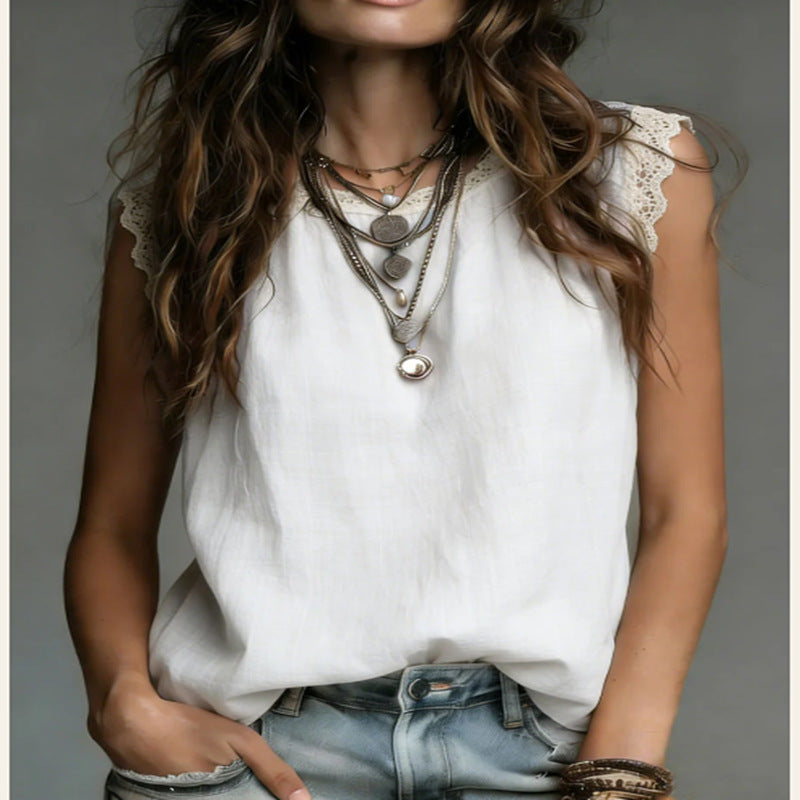 Ärmelloses Leinen-Baumwoll-Shirt mit Spitze – Bild 6 | LuxeStyle