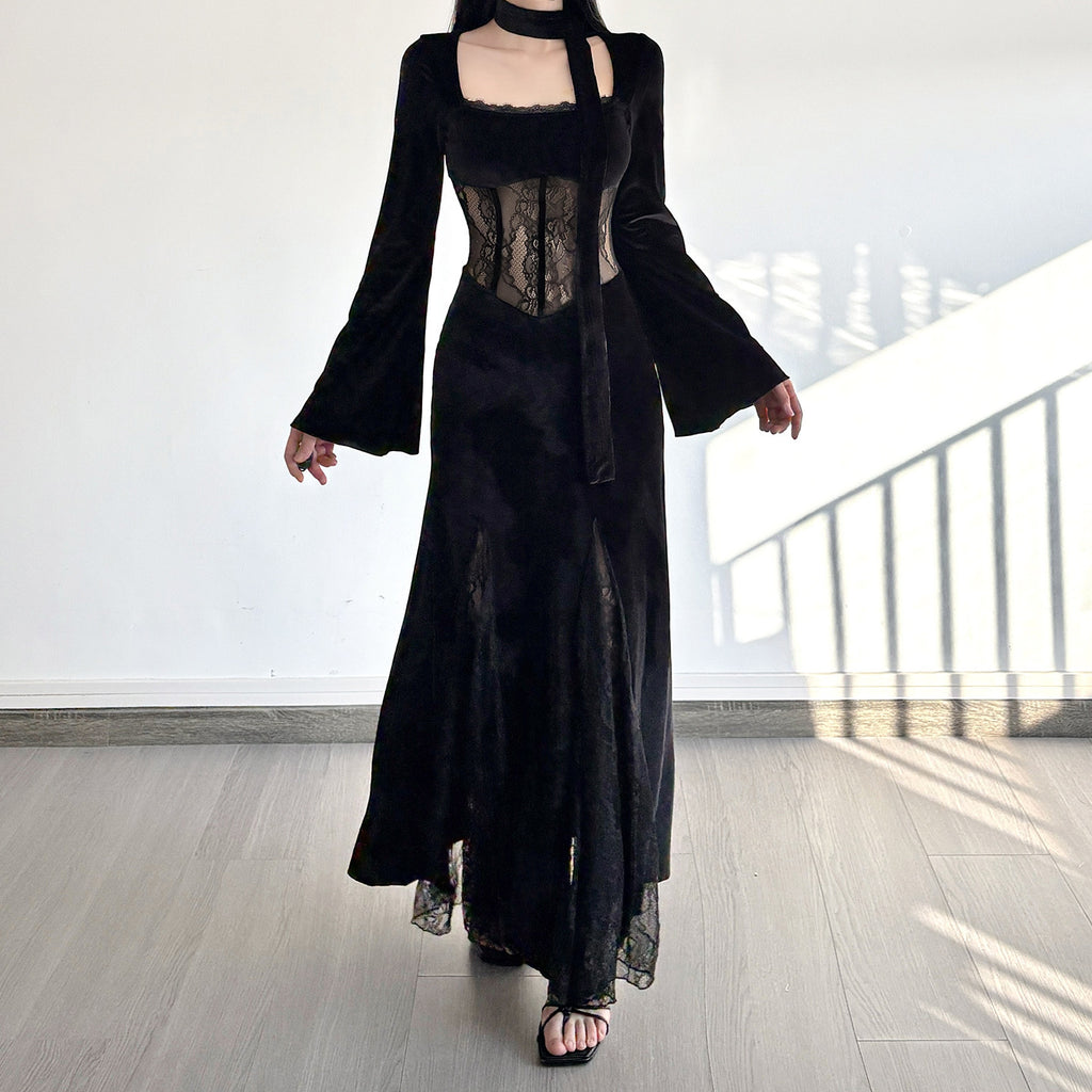 Schwarzes Samtkleid mit hoher Taille und Spitzeneinlage – Bild 5 | LuxeStyle