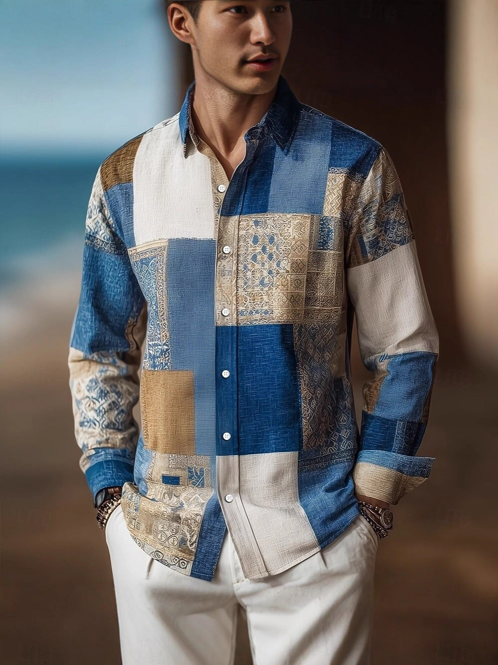 Herren Langarmshirt mit geometrischem Farbblock-Design – Bild 1 | LuxeStyle