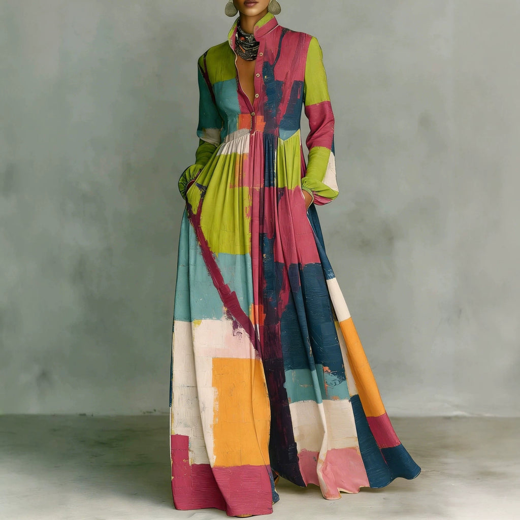 Maxikleid mit Stehkragen und Vintage-Print – Bild 5 | LuxeStyle