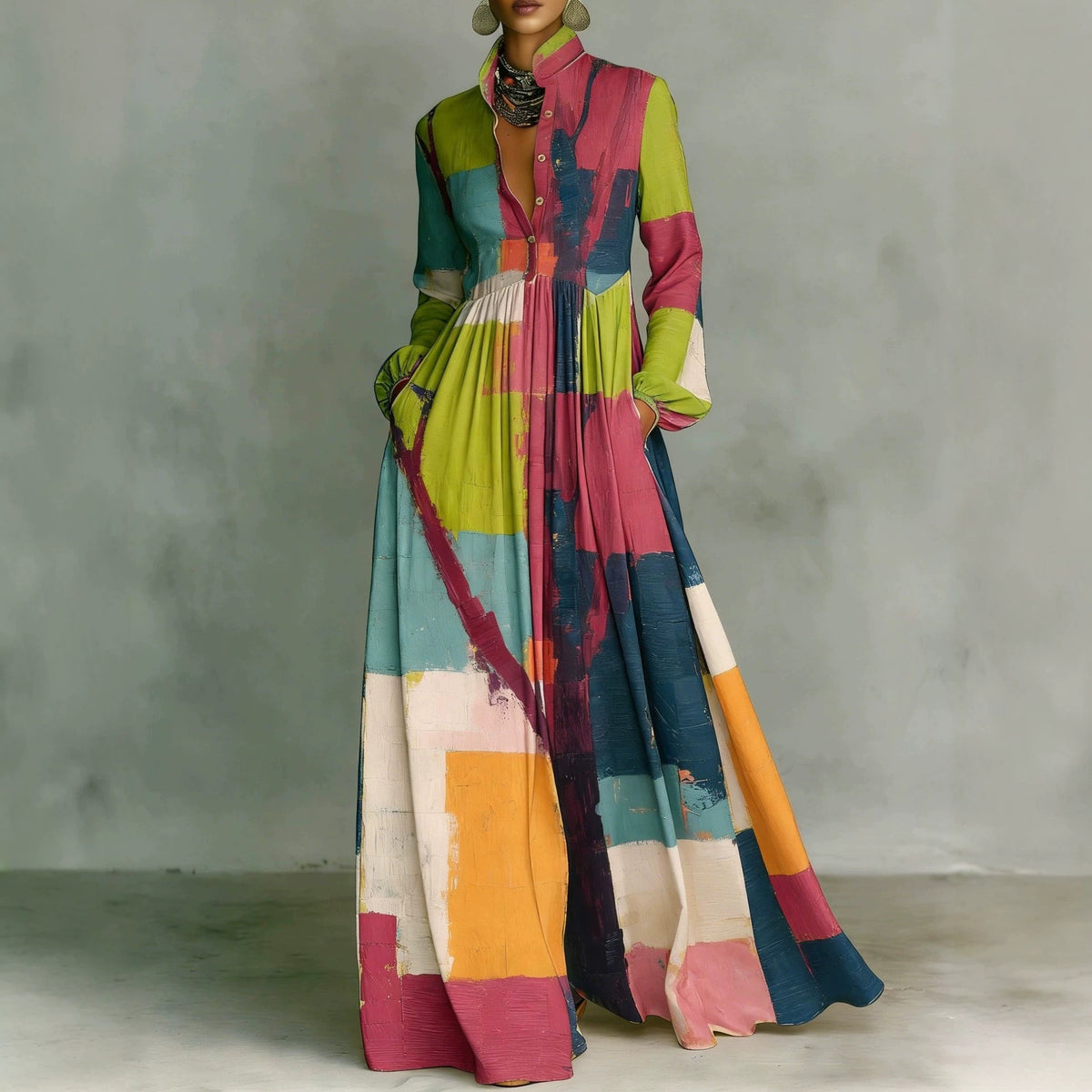 Maxikleid mit Stehkragen und Vintage-Print – Bild 5 | LuxeStyle