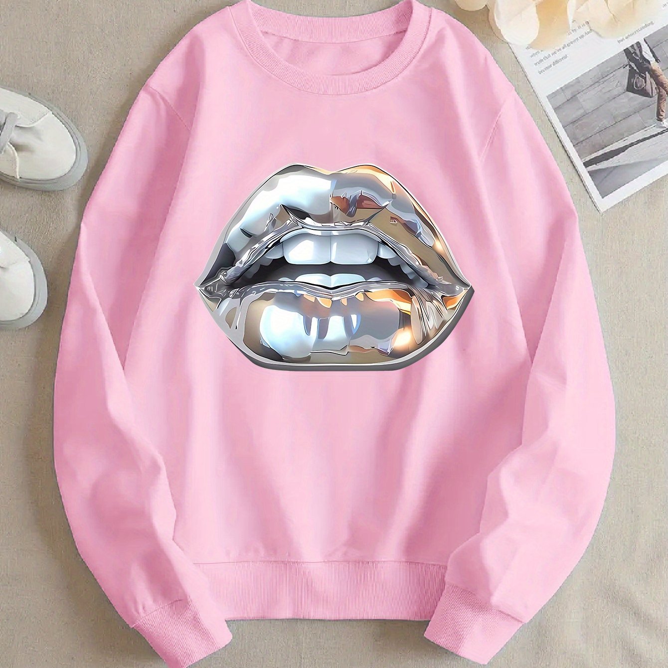 Cartoon Sweatshirt mit Lippen-Print für Damen
