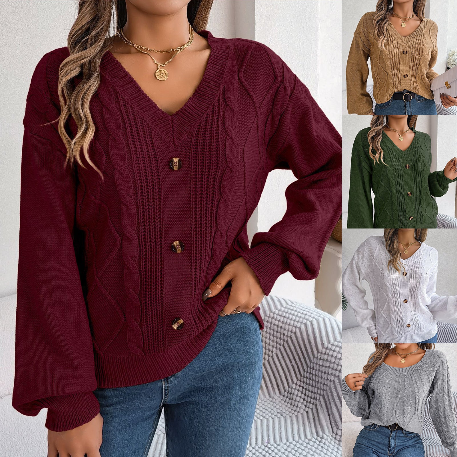 V-Ausschnitt Strickpullover mit Ballonärmeln – Ansicht 6