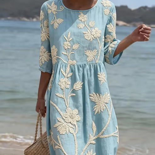 Langes A-Linien-Kleid mit Rundhals und Print