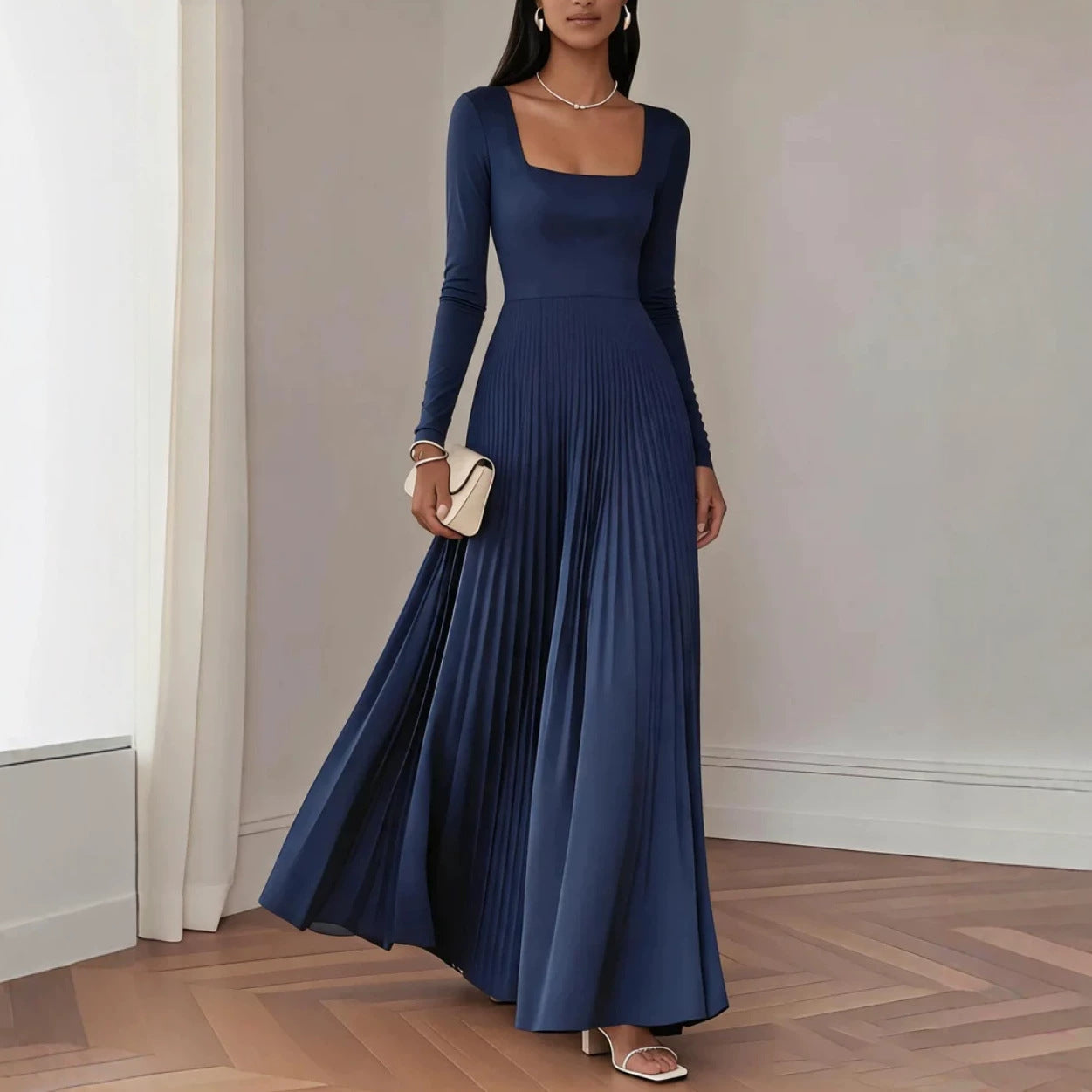 Midi-Kleid mit eckigem Ausschnitt und langen Ärmeln