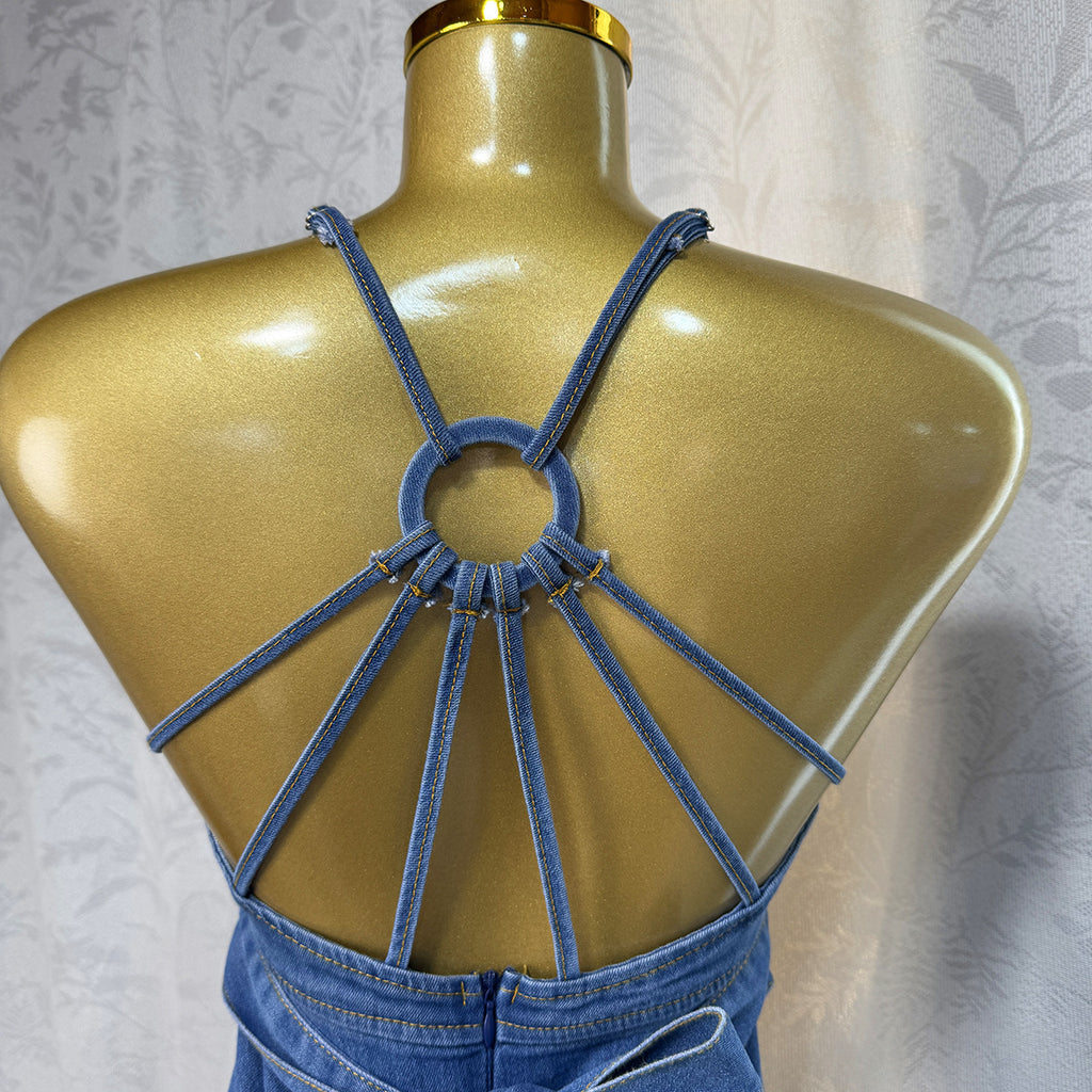 Trägerloses Jeanskleid mit V-Ausschnitt & Bindedetail – Bild 6 | LuxeStyle