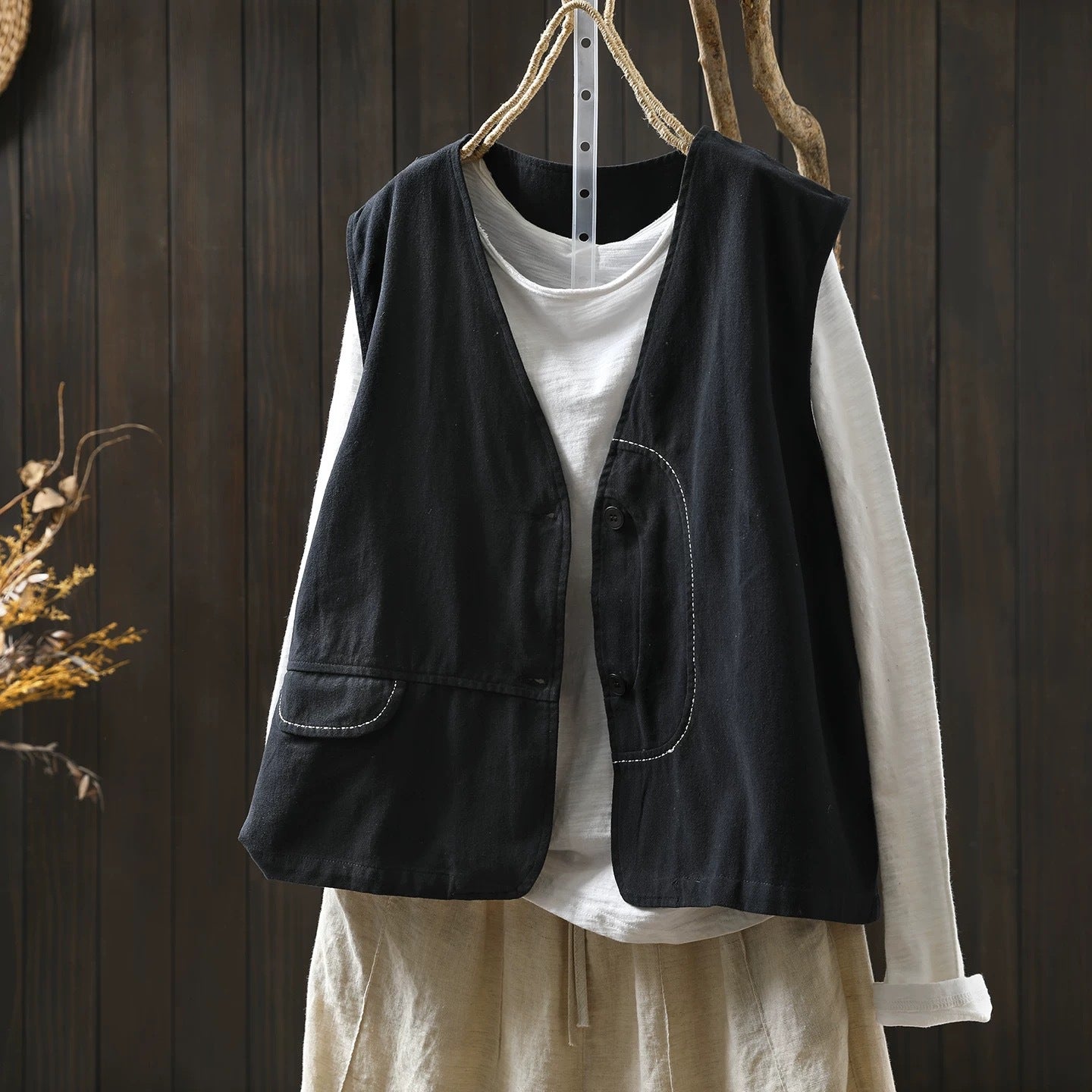 V-Neck Weste aus Baumwoll-Leinen-Mix