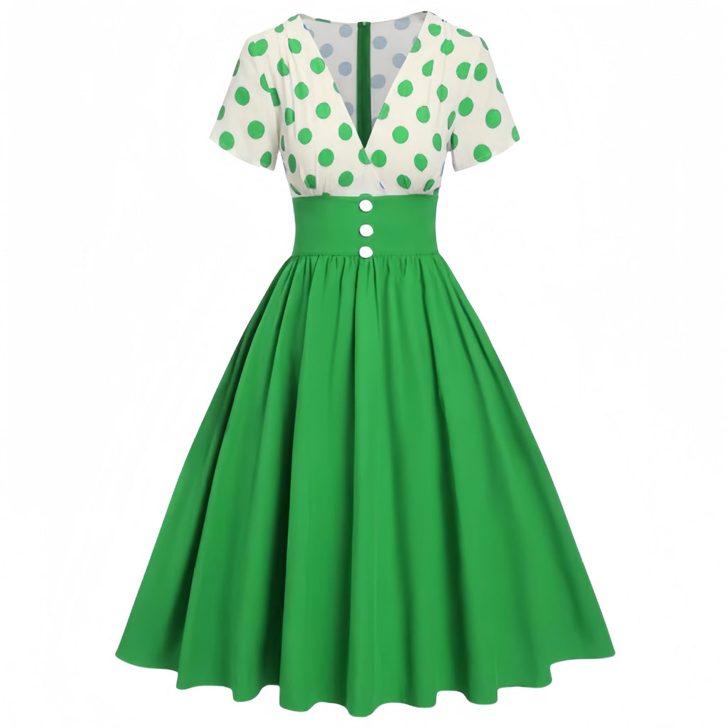 Gepunktetes Patchwork-Kleid mit ausgestelltem Saum – Bild 7 | LuxeStyle
