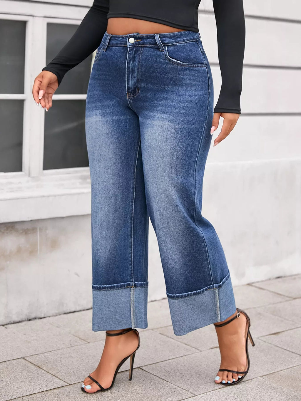 Damen Cuff Washed Wide-Leg Crop-Jeans