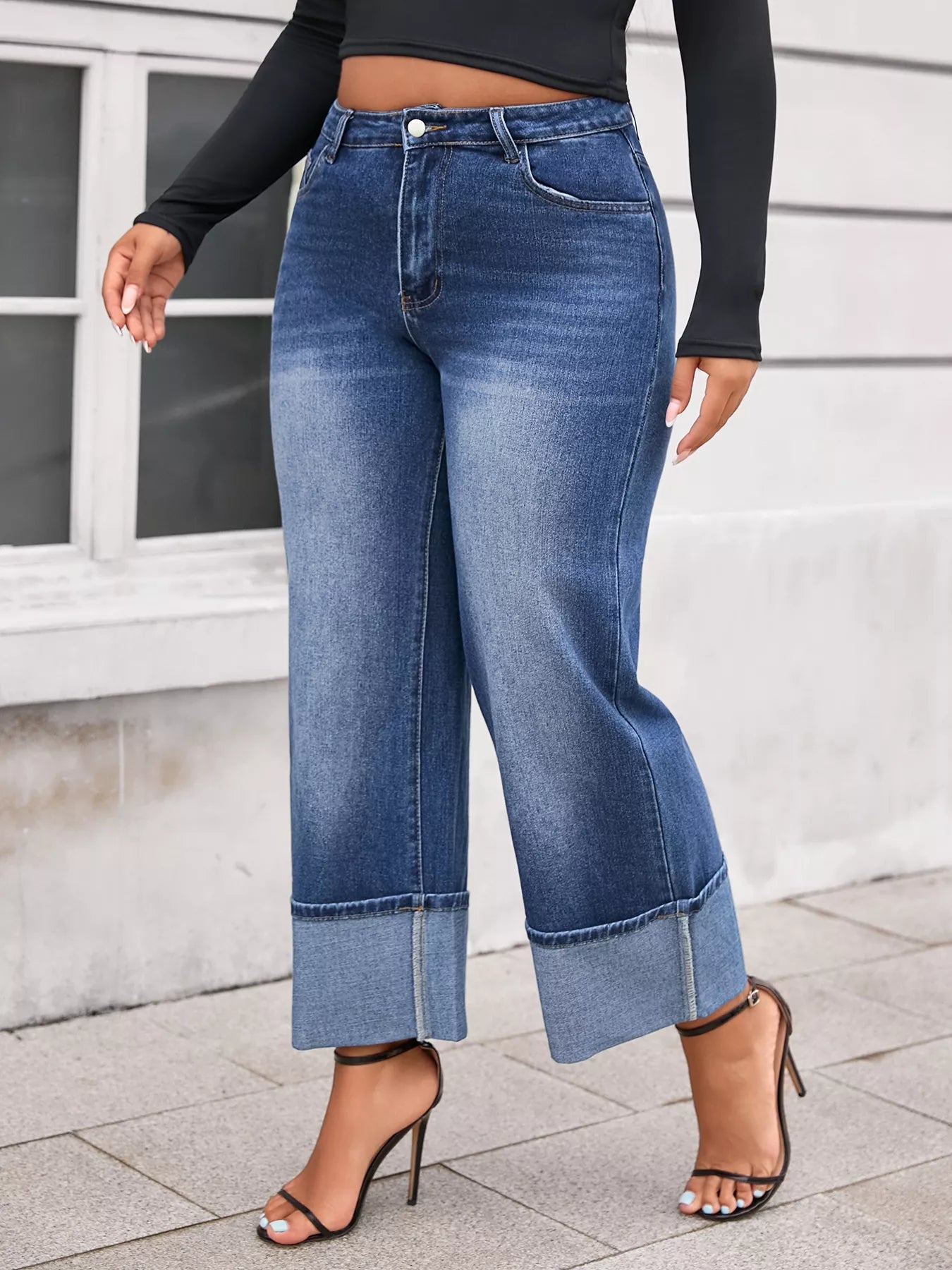 Damen Cuff Washed Wide-Leg Crop-Jeans