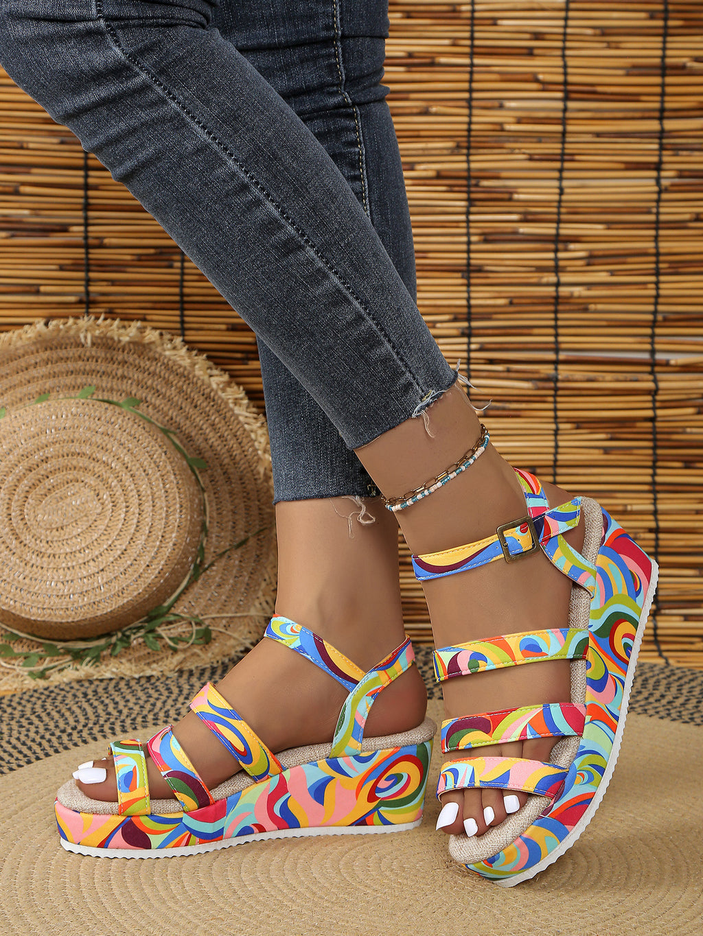 Bunte Peep-Toe-Sandalen mit Schnalle – Bild 2 | LuxeStyle