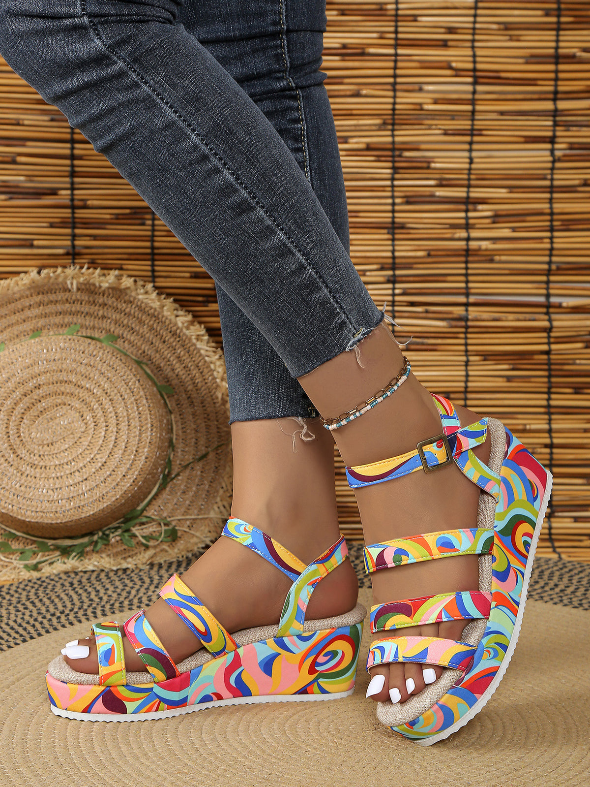 Bunte Peep-Toe-Sandalen mit Schnalle – Bild 2 | LuxeStyle