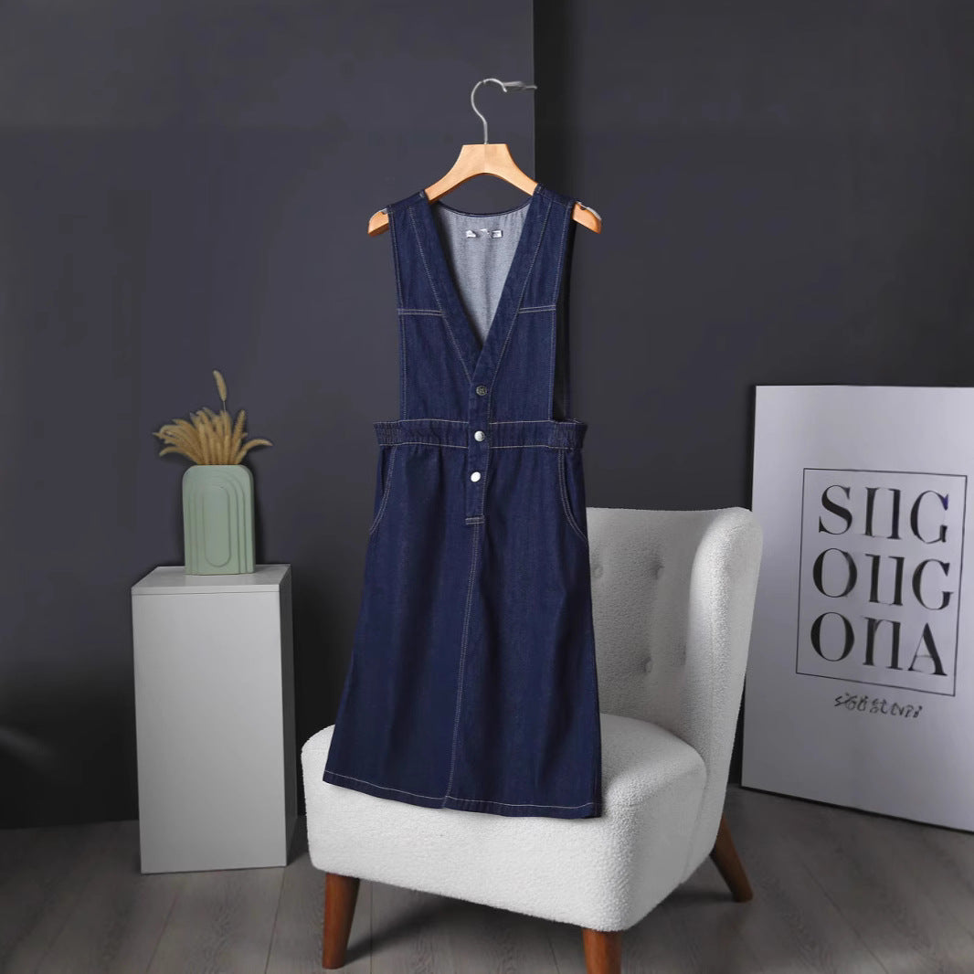 Denim-V-Neck Vestkleid im Jap/Kor-Stil