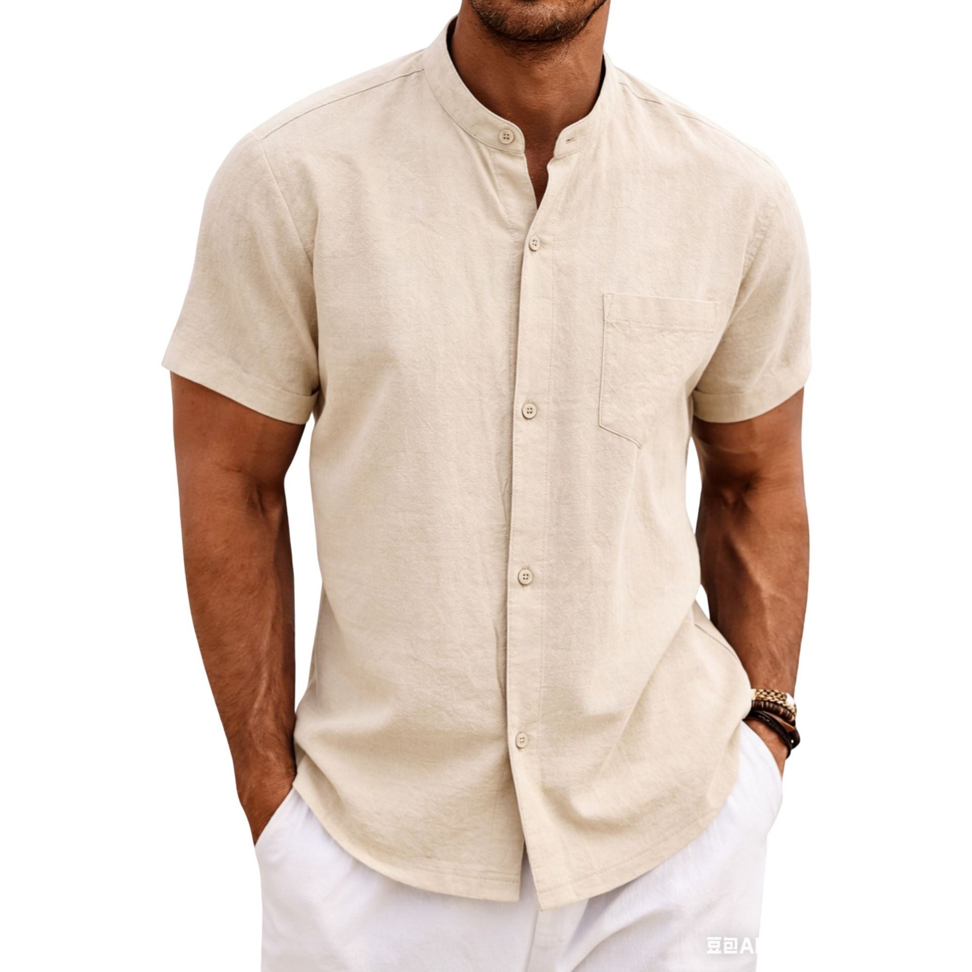 Herren-Sommerhemd «Lido» · Stehkragen, Kurzarm Leinen-Look