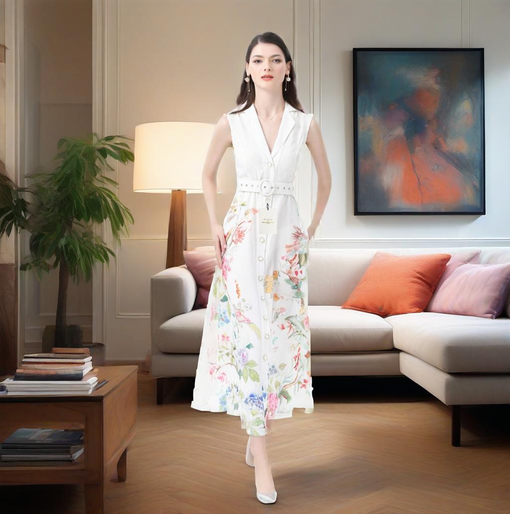Ärmelloses Maxi-Kleid mit Spitze und Blumenprint