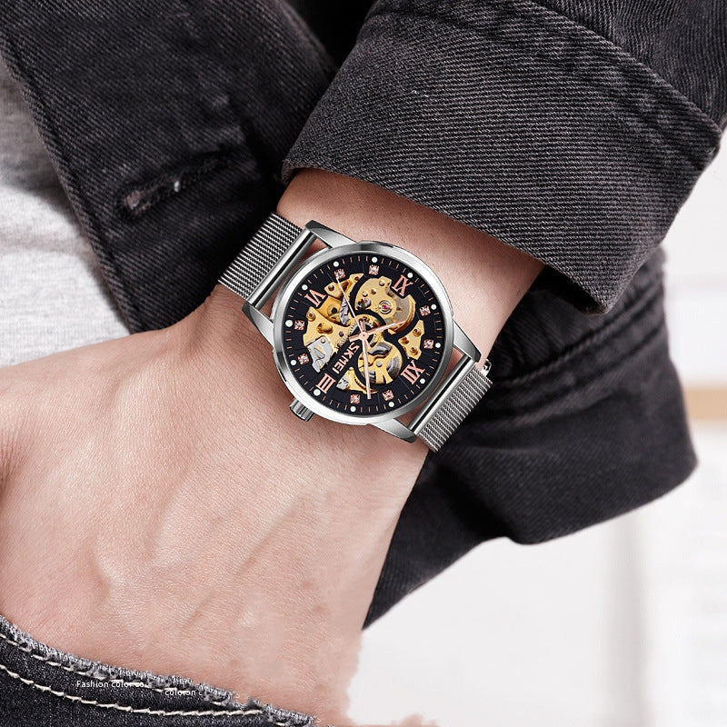 SKMEI Mechanische Herrenuhr mit Edelstahl-Mesh-Armband