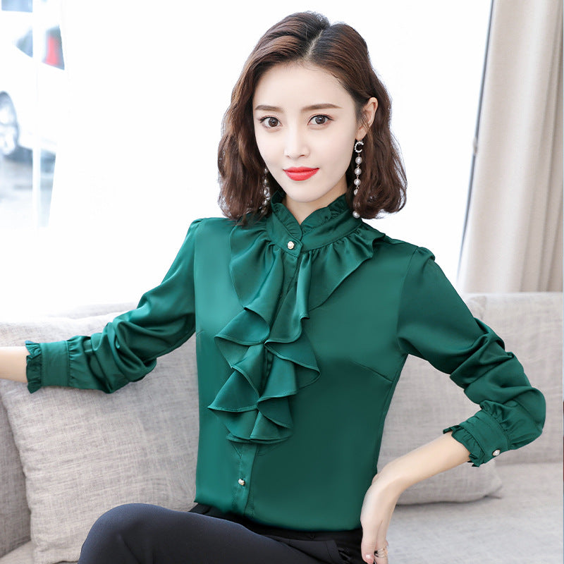 Langarm-Chiffonbluse mit Stehkragen und Rüschen – Bild 1 | LuxeStyle