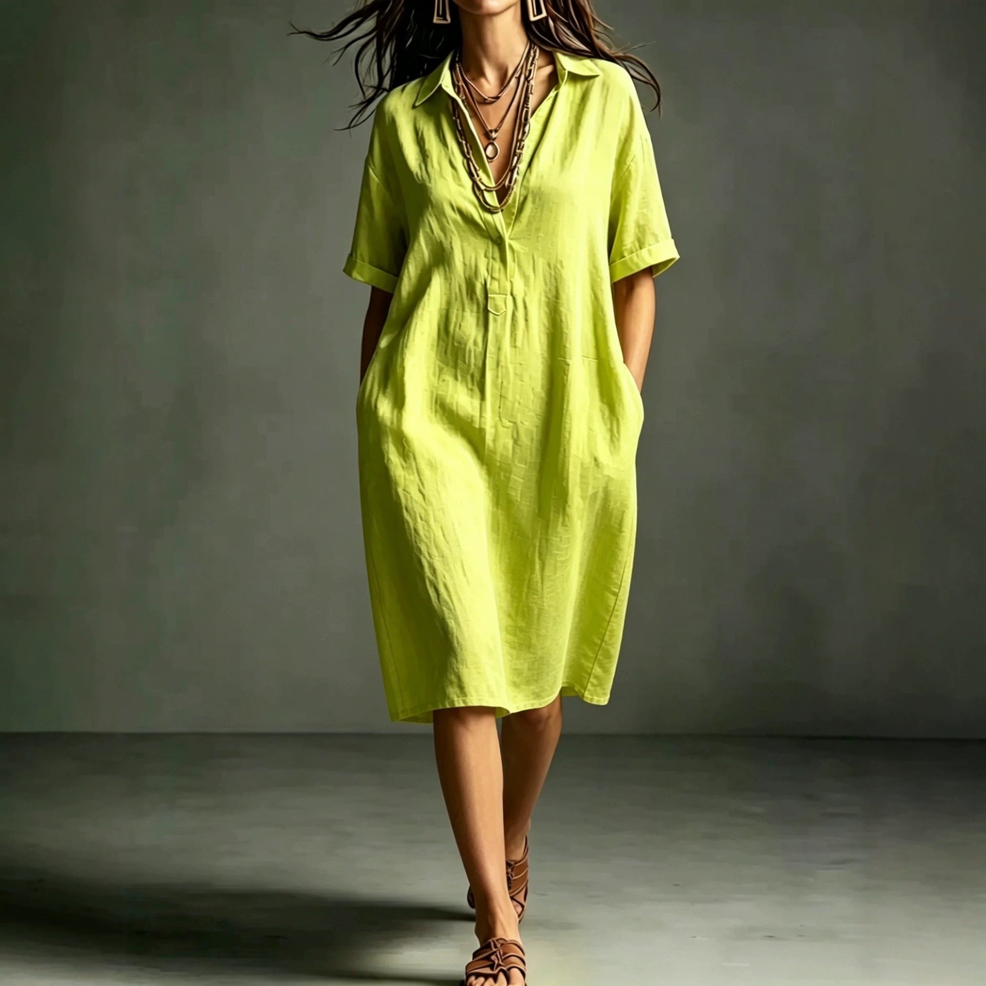 Ärmelloses V-Neck Kleid mit Taschen