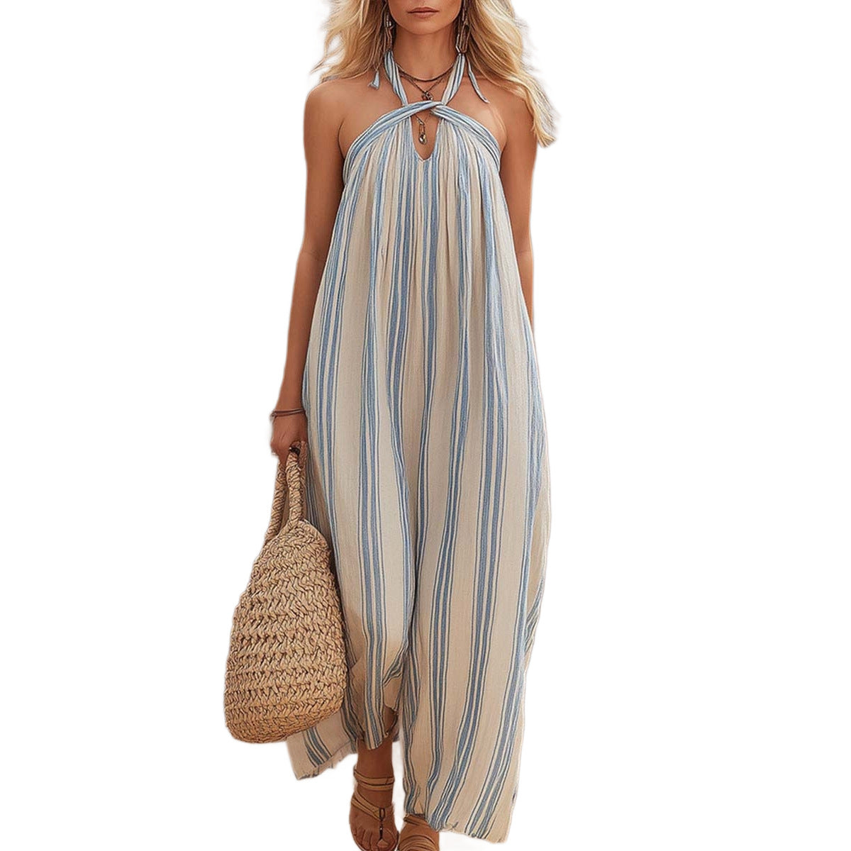 Gestreiftes ärmelloses Halterneck-Kleid – Bild 4 | LuxeStyle