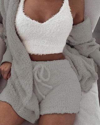 3er-Set Damen-Pyjama mit Langarm-Crop-Top und Bindebund-Shorts
