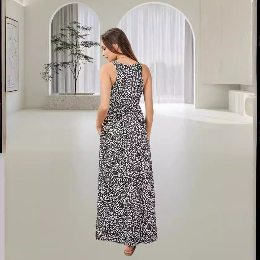 Gemustertes ärmelloses Maxikleid mit Rundhals