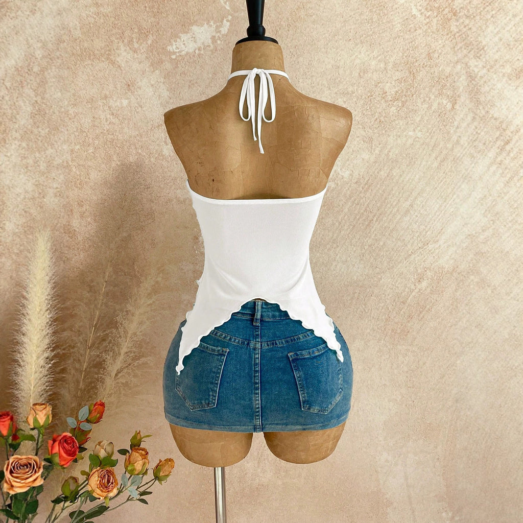 Doppellagiges Mesh Neckholder Top für Damen